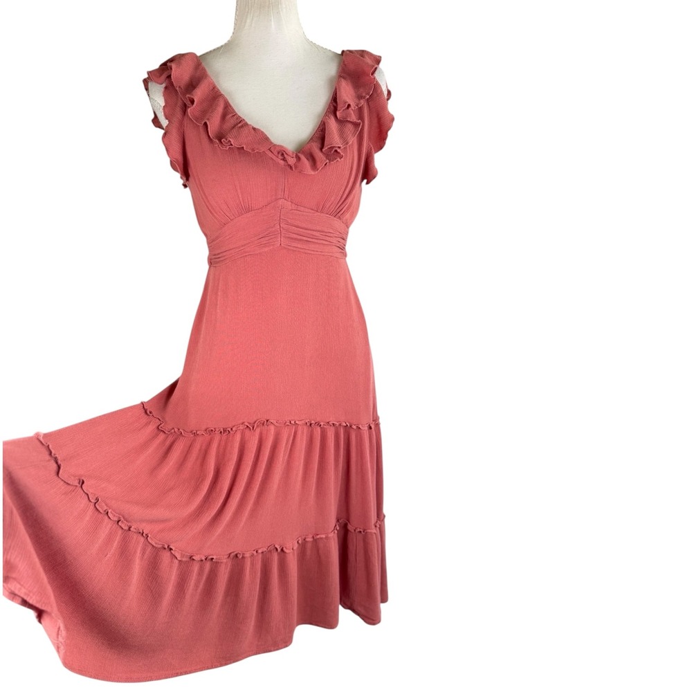 ILLA ILLA Midi Dress Womens S Rose Rayon Ruffle Tiered Boho Tie Waist Romantic
